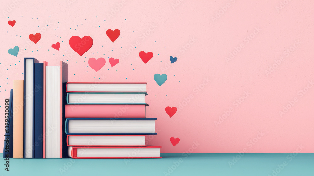 Fototapeta premium Books stacked with colorful hearts on pastel background