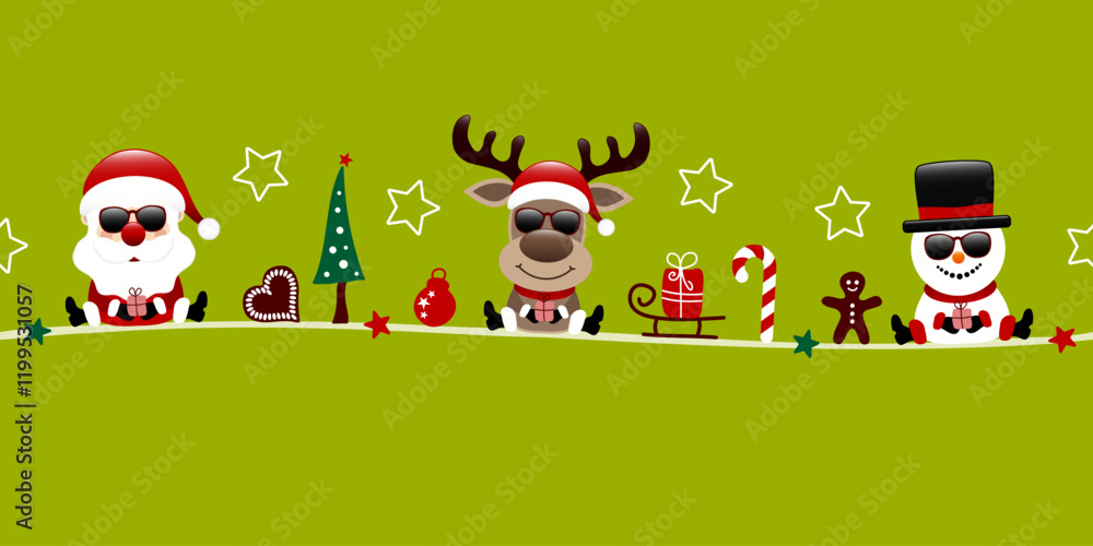 Fototapeta premium Banner Weihnachtsmann Rentier Und Schneemann Sonnenbrille Mit Icons Hellgrün Dunkelrot
