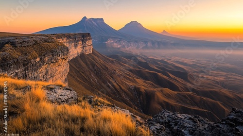 Golden Sunset Illuminating Majestic Mountain Range and Valleys, Capturing the Warmth, Depth, and Beauty of Nature's Landscape photo