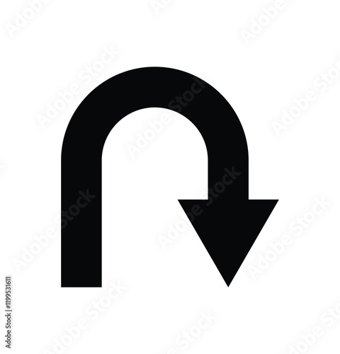 Black return arrow icon, simple go back sign vector u turn shape pointer flat design pictogram vector elements for app ads web banner button ui ux interface elements isolated on white background.