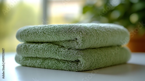 Two Soft Sage Green Terrycloth Bath Towels Folded Neatly on a White Surface