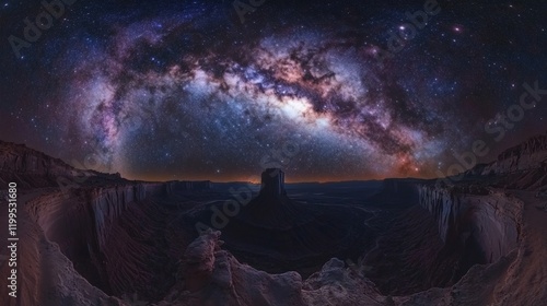 Starry Night with Milky Way Galaxy Arching Over Scenic Mountain Landscape, Highlighting the Beauty of Nature and the Cosmos photo