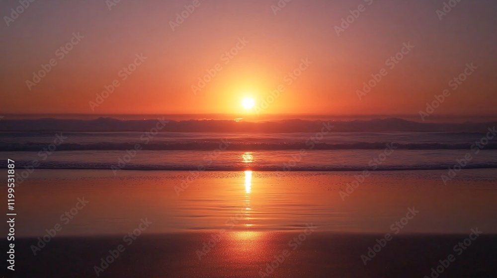 Fototapeta premium Serene Sunset Over Tranquil Ocean with Warm Light Reflections on the Sand and Water, Evoking Peace and Natural Beauty