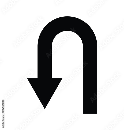 Black return arrow icon, simple go back sign vector u turn shape pointer flat design pictogram vector elements for app ads web banner button ui ux interface elements isolated on white background.