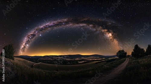 Starry Night with Milky Way Galaxy Arching Over Scenic Mountain Landscape, Highlighting the Beauty of Nature and the Cosmos photo