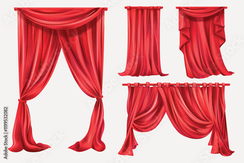 opened red curtain illustration vector set