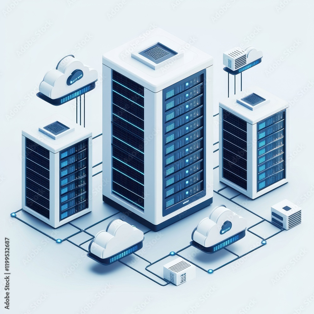 A stylized illustration of data centers with cloud storage, showcasing interconnected servers and technology in a modern, digital environment. A stylized illustration of data centers with cloud storage, showcasing interconnected servers and technology in a modern, digital environment.
