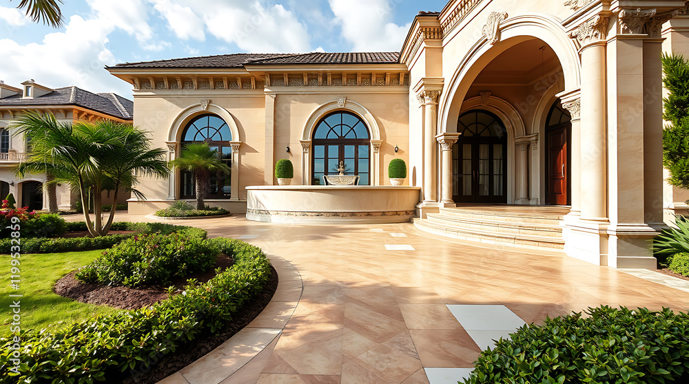 Obraz premium Magnificent Mediterranean Mansion: Luxury Real Estate, Grand Architecture, Elegant Home Exterior