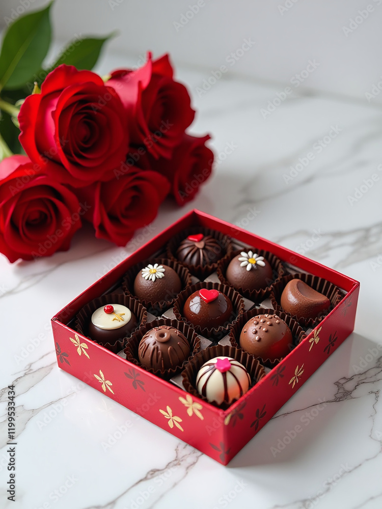 A Richly Decorated Box Of Chocolate Truffles Paired With A Bouquet Of Red Roses On A Sleek Marble Surface. 00001 A Richly Decorated Box Of Chocolate Truffles Paired With A Bouquet Of Red Roses On A Sleek Marble Surface. 00001