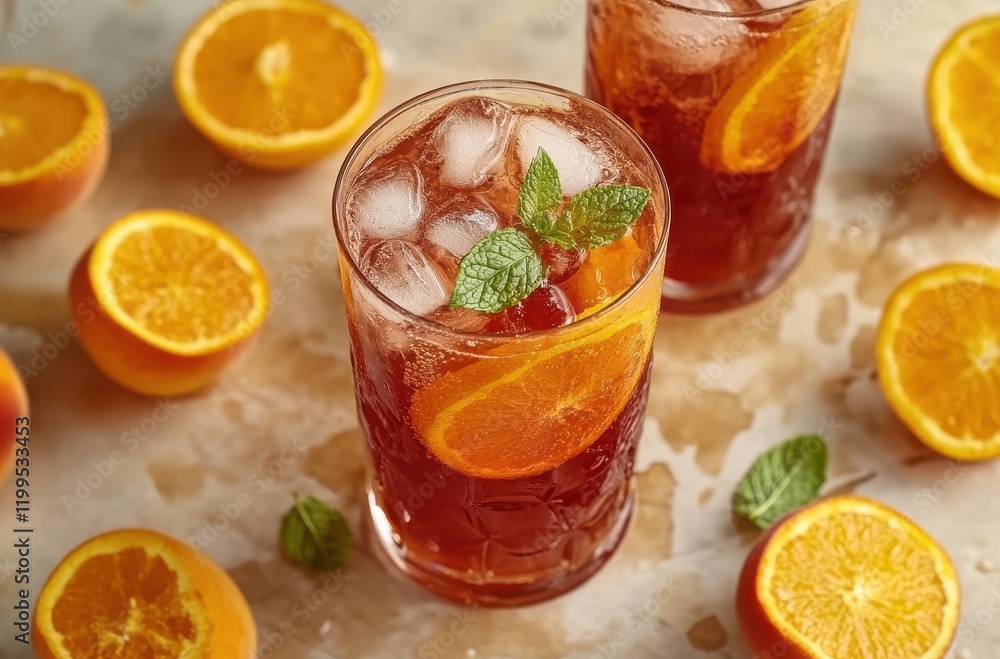 Freshly Made Citrus Drink with Ice, Garnished with Mint Leaves and Surrounded by Juicy Orange Halves on a Natural Stone Surface Freshly Made Citrus Drink with Ice, Garnished with Mint Leaves and Surrounded by Juicy Orange Halves on a Natural Stone Surface