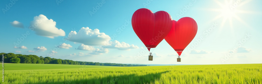Fototapeta premium A Red Hot Air Balloon Shaped Like A Heart Soars Above A Lush Green Field On A Sunny Day. 00002