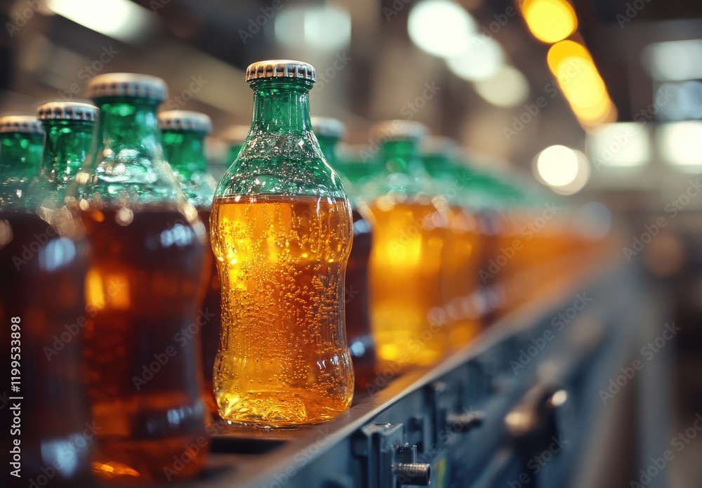 Glass bottles filled with amber beverage in a soft-focus production line highlighting the details and texture of the drink and the bottling process Glass bottles filled with amber beverage in a soft-focus production line highlighting the details and texture of the drink and the bottling process