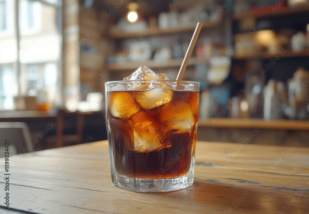 Glass of Refreshing Cold Brewed Coffee with Ice Cubes on Wooden Table in Cozy Café Environment with Soft Lighting and Rustic Decor Glass of Refreshing Cold Brewed Coffee with Ice Cubes on Wooden Table in Cozy Café Environment with Soft Lighting and Rustic Decor