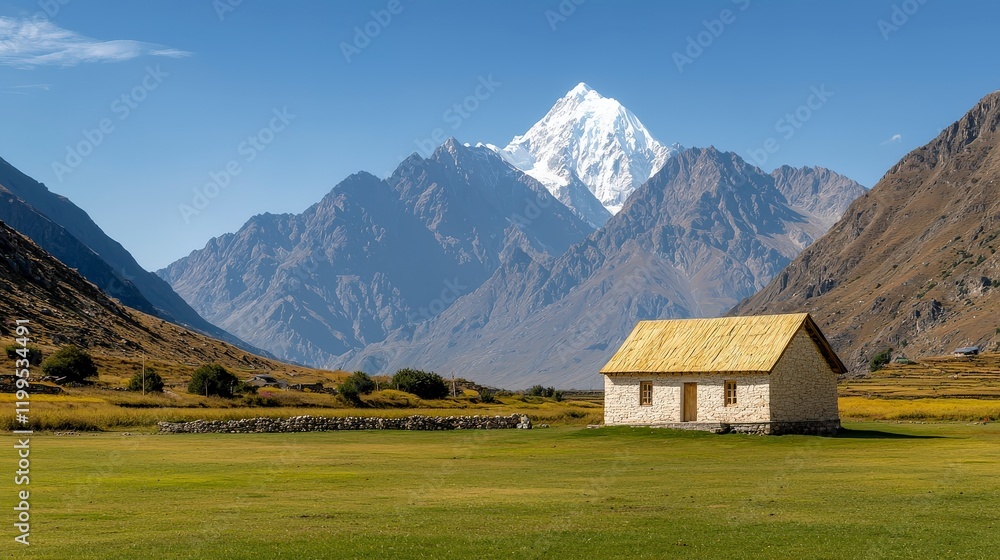 Serene Mountain Landscape with Isolated Stone House and Majestic Snow-Capped Peak Under Clear Blue Sky Serene Mountain Landscape with Isolated Stone House and Majestic Snow-Capped Peak Under Clear Blue Sky