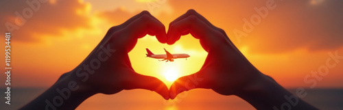 A Pair Of Hands Forms The Outline Of An Airplane And Heart Against A Vibrant Orange Sunset Backdrop. 00002
