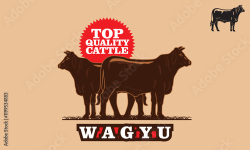 red wagyu cattle standing logo, silhouette of great cow vector illustrations