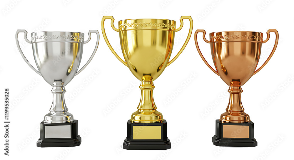 Set of three trophy cups for the first three winners. Gold, silver, bronze, and copper prize cup. isolated on a white background with a clipping path
Set of three trophy cups for the first three winners. Gold, silver, bronze, and copper prize cup. isolated on a white background with a clipping path