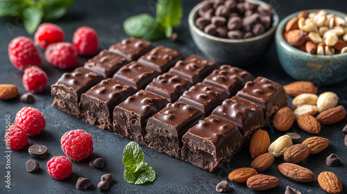 Delicious chocolate bar surrounded by fresh raspberries, nuts, and chocolate chips on a dark surface. Generative AI
