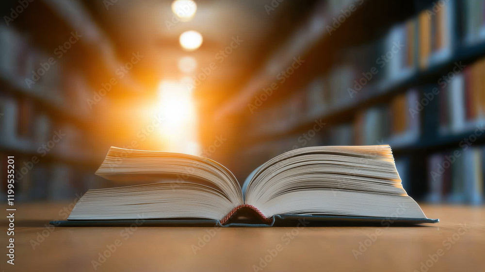 Open book on library table with warm sunlight streaming in Open book on library table with warm sunlight streaming in