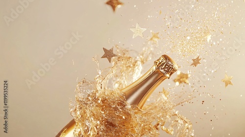 Champagne Bottle Popping with Golden Glitter and Stars, Celebrating Festivity, Elegance, and Joyful Occasions photo