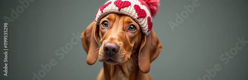 A Lovestruck Vizsla Model Wears A Cozy Knit Hat With Red Hearts, Exuding Pure Hungarian Charm In Double Exposure. 00001