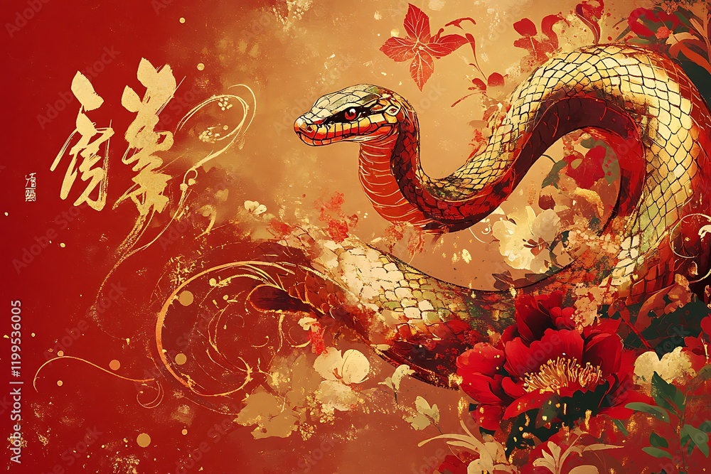 Fototapeta premium 2025 Lunar Year of the Snake Title in Elegant Chinese Zodiac Theme.