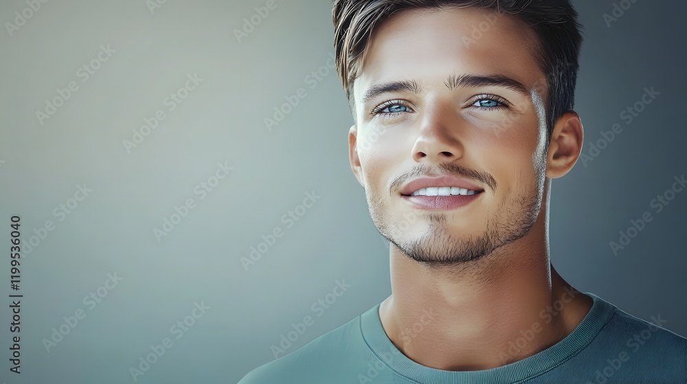 Obraz premium Smiling young man with blue eyes against gradient background.