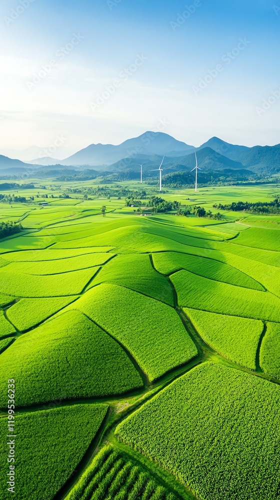 Obraz premium Aerial view of a wind turbine farm on fertile land, blending renewable energy and agriculture investment, ecofriendly concept