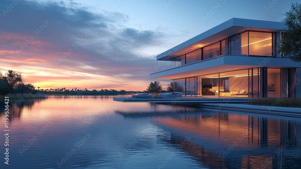 Modern House by Tranquil Water at Sunset Modern House by Tranquil Water at Sunset