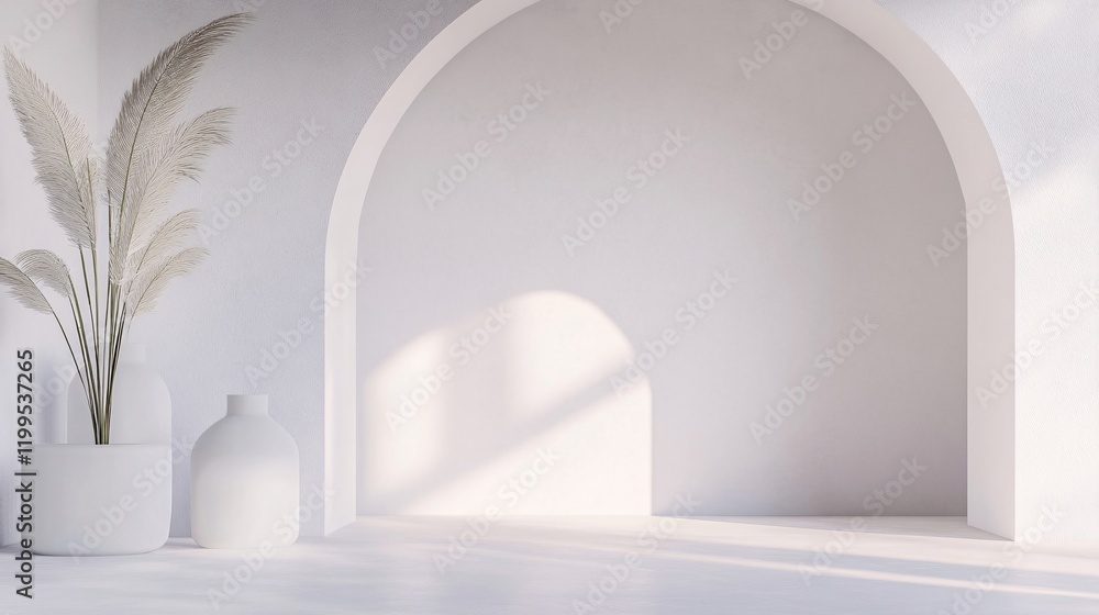 Elegant Minimalist Archway with White Vases and Pampas Grass Accentuated by Soft Sunlight, Perfect for Interior Inspiration Elegant Minimalist Archway with White Vases and Pampas Grass Accentuated by Soft Sunlight, Perfect for Interior Inspiration