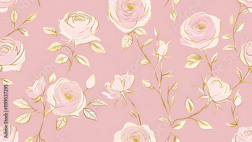 inimalist Floral Pattern with Gold Accents on Pastel Pink