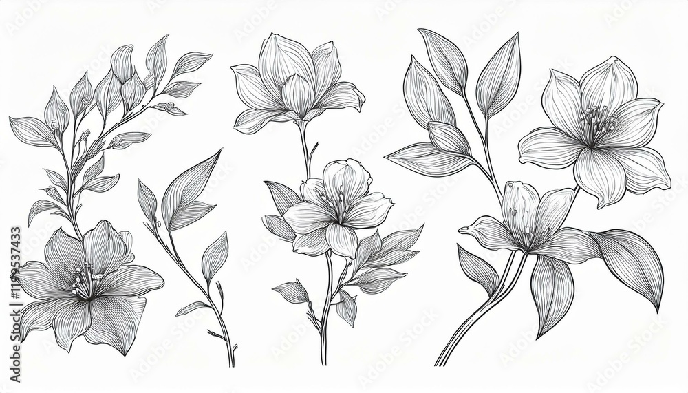 Hand drawn flower branch set. Simple floral graphic sketch with leaves sprig silhouettes, minimal fine line tattoo sketch design. Vector illustration Hand drawn flower branch set. Simple floral graphic sketch with leaves sprig silhouettes, minimal fine line tattoo sketch design. Vector illustration