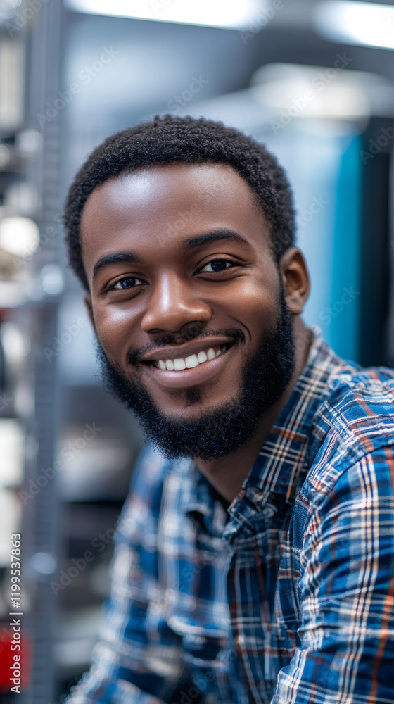 Portrait of a smiling african american engineer working in a modern factory, industry 4.0 and automation concept Portrait of a smiling african american engineer working in a modern factory, industry 4.0 and automation concept