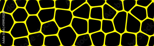 A pattern resembling irregular giraffe spots, featuring black shapes outlined with bright yellow, forming a vibrant and abstract design.

