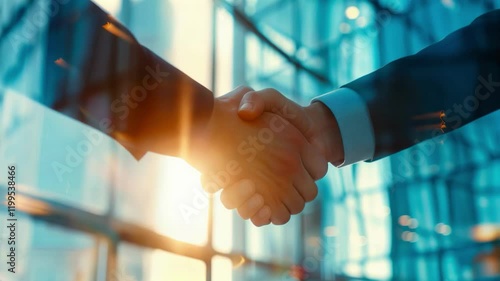 Businessmen handshake, skyscrapers at sunrise, partnership agreement, successful deal, business contract