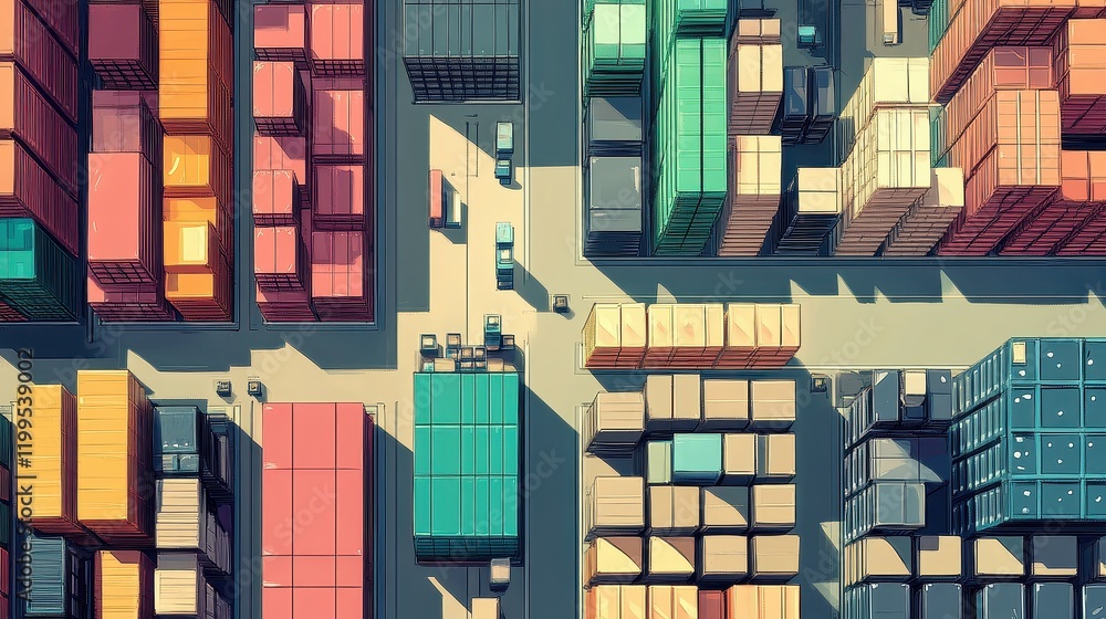 Fototapeta premium Supply chain logistics flat design top view modern warehouse cartoon drawing Triadic Color Scheme. 