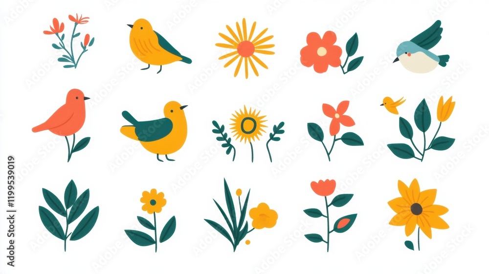 Spring icon set with flat-style flowers, birds, and sunbursts Spring icon set with flat-style flowers, birds, and sunbursts