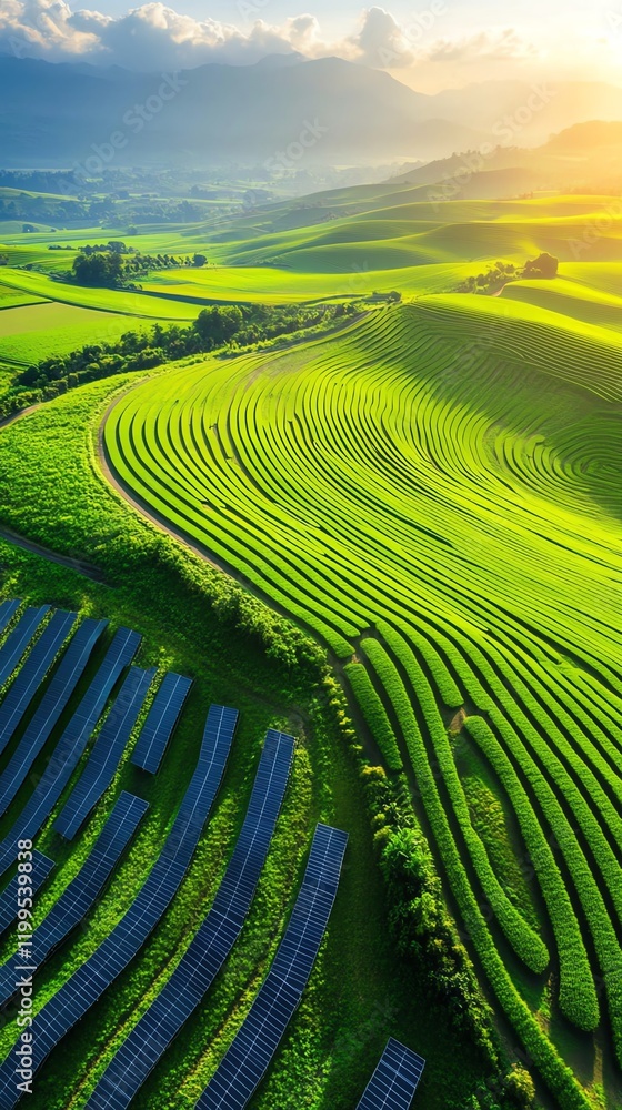 Fototapeta premium Farmland with solar panels installed, renewable energy integration with agricultural investment, sustainable growth concept