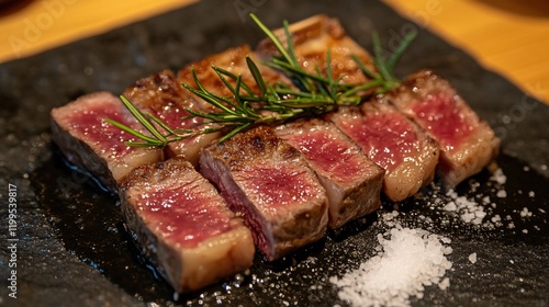 Grilled Steak with Rosemary Garnish and Red Rose Petals, Highlighting Luxury and Gourmet Dining photo