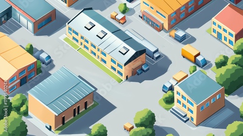 Supply chain logistics flat design top view modern warehouse cartoon drawing Triadic Color Scheme. 