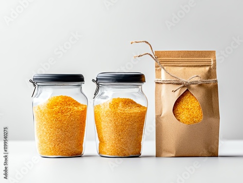 Golden organic rice grains in ecofriendly packaging, symbolizing premium quality and global export standards photo