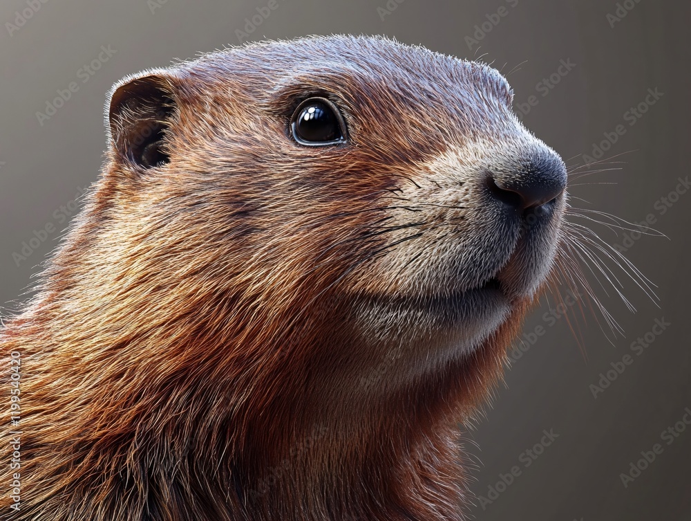 Close-up of realistic image of groundhog in a neutral background showcasing its features Close-up of realistic image of groundhog in a neutral background showcasing its features