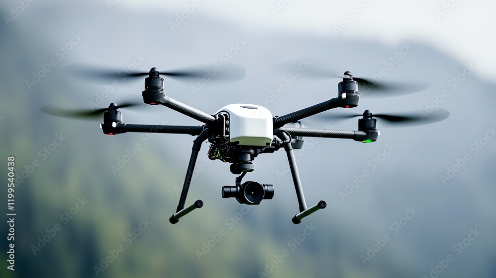 Hightech weather drone collecting data above a farm, supporting decisionmaking in agriculture Hightech weather drone collecting data above a farm, supporting decisionmaking in agriculture