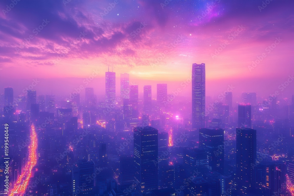 Obraz premium glittering metropolis under starlit sky, neon lights reflecting off glass skyscrapers, purple and blue hues painting the urban landscape