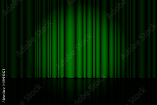 Green curtain background. Spotlight on stage curtain. Theatrical drapes. Wavy velvet background. Vector illustration