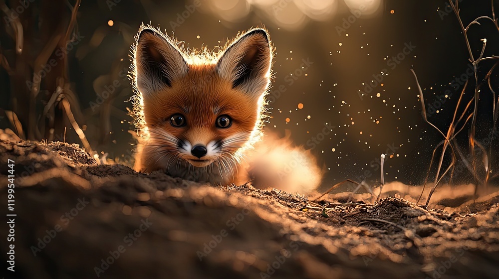 Fototapeta premium Fennec fox peeking out of sandy surroundings with large ears and wide eyes, illuminated by warm light. Highlights desert wildlife and charm of small animals. Generative AI