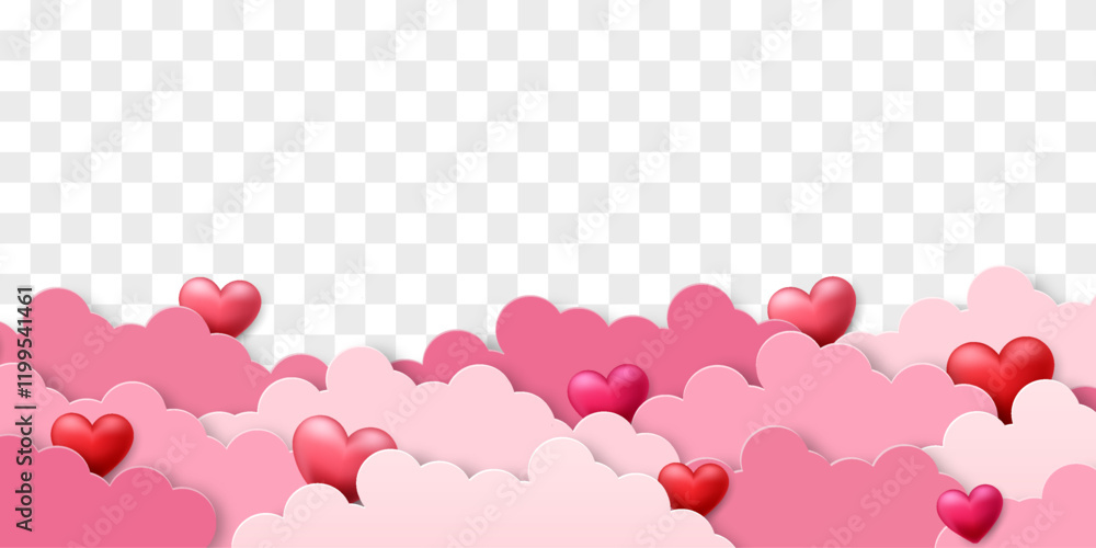 Vector 3D hearts, Valentines day love symbol. Cute love hearts. on clouds. Realistic romantic emoji. Valentines day vector illustration isolated on png Vector 3D hearts, Valentines day love symbol. Cute love hearts. on clouds. Realistic romantic emoji. Valentines day vector illustration isolated on png