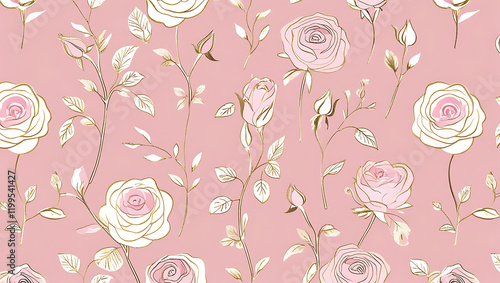 inimalist Floral Pattern with Gold Accents on Pastel Pink