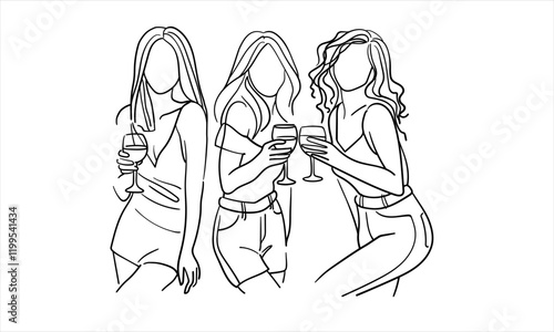 Friendly party girls continuous line art drawing isolated on white background. Hands toasting with wine glasses with drinks. Cheers toast festive decoration for holidays. Vector illustration