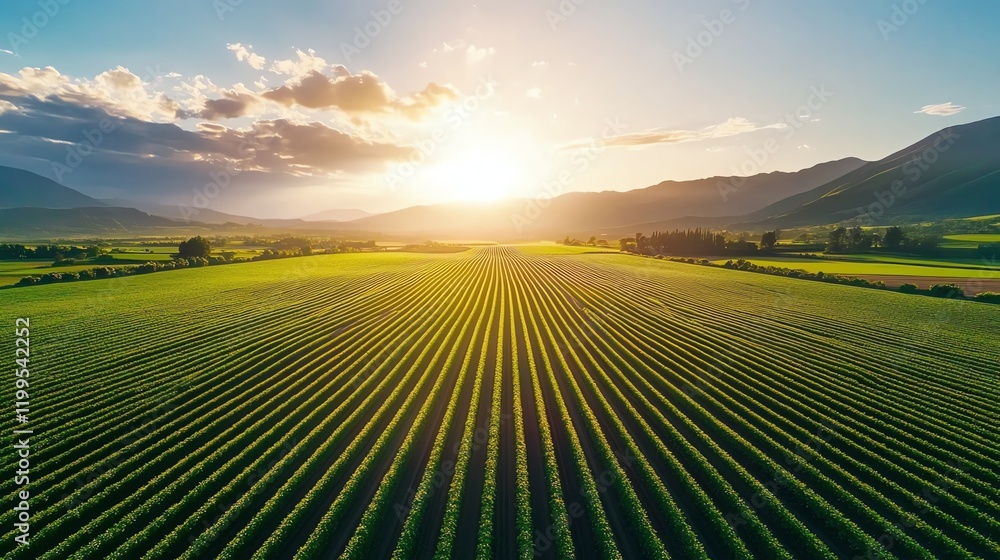 Rows of crops with an irrigation system at sunrise, highlighting modern farming techniques and investment in agriculture technology Rows of crops with an irrigation system at sunrise, highlighting modern farming techniques and investment in agriculture technology